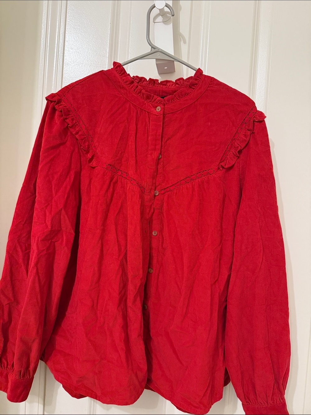 Red Ruffled Button-Down Blouse - Women's Long Sleeve